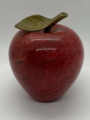 #ad Alabaster Speckled Red Apple Paperweight with Brass Stem E4 $25.99