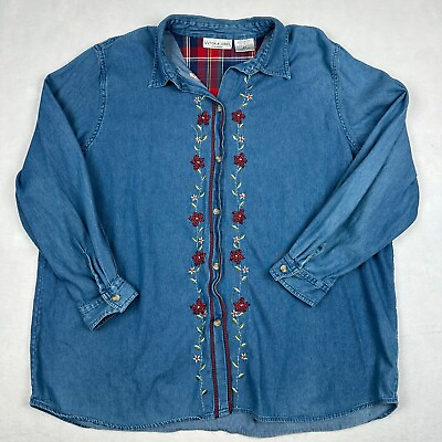 #ad Vintage Victoria Jones Denim Shirt Womens 2X Button Up Floral Embroidered Boho $17.88