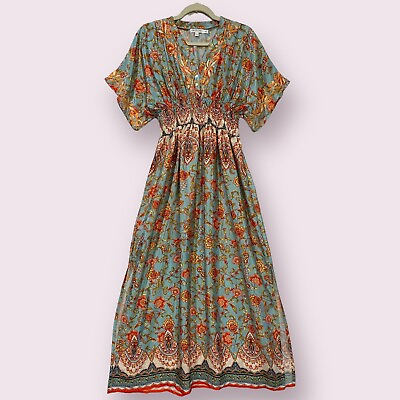 #ad Karyn Seo Hand Embroidered Smocked Maxi Dress Sz XS Multi Floral Silk Blend $148 $49.99