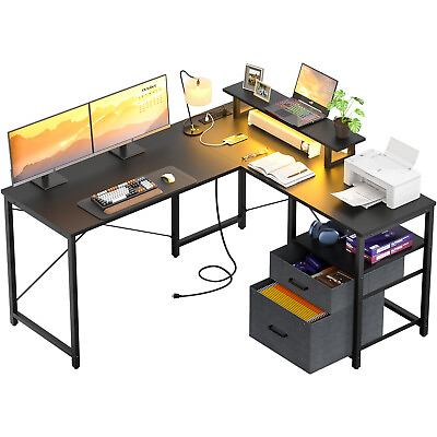 #ad L Shaped 53quot; Home Office Computer Desk with Drawers Gaming Desk with LED Light $119.99