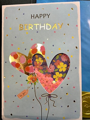 #ad Gorgeous Happy Birthday Shaker Card New Pink Confetti Heart Balloon Fun $2.95