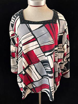 #ad Alfred Dunner Woman top blouse size 2X 3 4 sleeve red black color block beads $14.99
