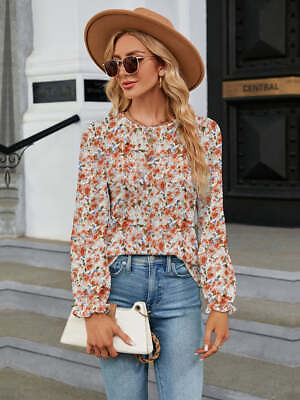 #ad Printed Round Neck Flounce Sleeve Blouse $33.99