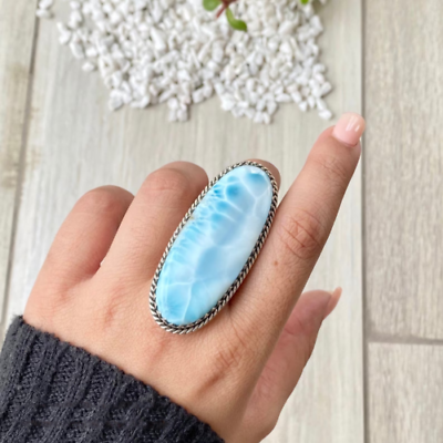 #ad Larimar Large Ring 925 Sterling Silver Handmade Ring Women Jewelry Ring HM781 $11.90