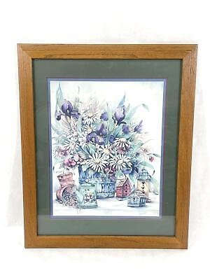 #ad Frankie Buckley Watercolor Print Flowers And Birdhouses Framed And Matted $21.00
