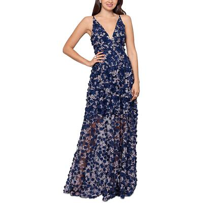 #ad Xscape Womens Navy Embroidered Fit amp; Flare Evening Dress Gown 4 BHFO 3711 $112.99