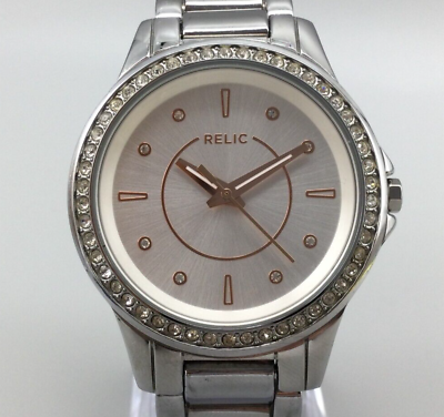 #ad Relic Watch Women 37mm Silver Tone 30M Pave Bezel New Battery 6.5quot; a1 $21.24