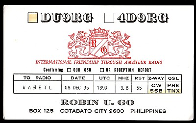 #ad QSL QSO RADIO CARD quot;Coat of ArmsRobin U. GoCotabato Cityquot; Philippines Q2938 C $6.95