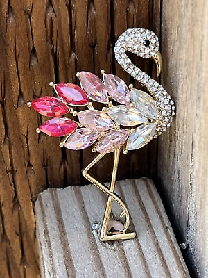 #ad PINK Flamingo Bird Crystal Glass Rhinestones Brooch Pin Multicolor Vintage USA $10.99