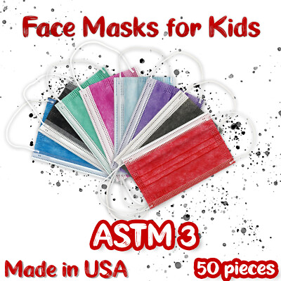#ad ASTM Kids Breathable 3 Layer Protection Colored Disposable Face Mask 50 Pack $24.99