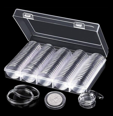 #ad 100PCS 30mm Silver Gold Coin Cases Capsules Holder Clear Plastic Round Storage $9.39