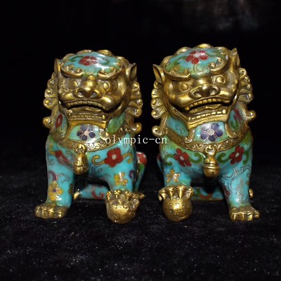 #ad Pair bronze gild cloisonne home fengshui exorcise evil spirits foo dog lion $226.79
