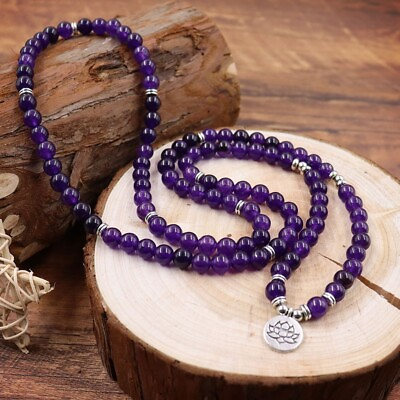 #ad 108 Mala Beads Natural Amethyst Stone Purple Crystal Beaded Necklace Lotus Charm $15.90