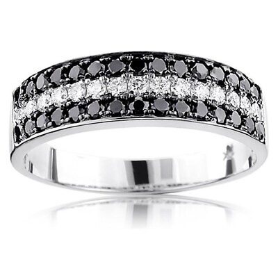 #ad 14K White Gold Over Natural Black White Diamond 3 Row Wedding Ring Band Ladies $157.65