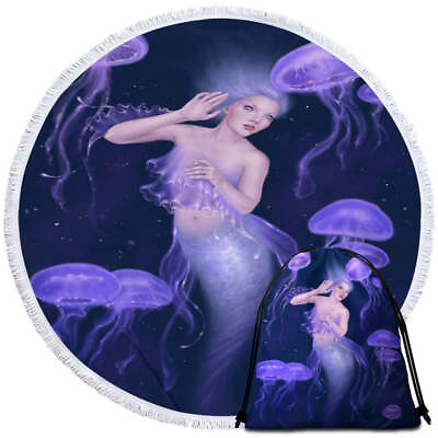 #ad Underwater Art Purple Jellyfish and Mermaid Round Beach Towel $40.90