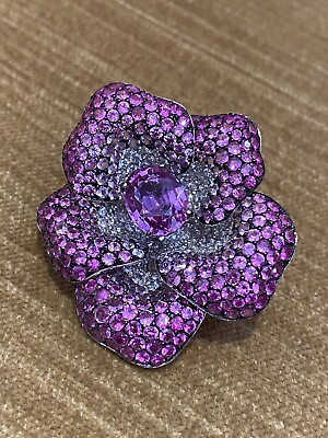 #ad GIA Certified Pink Sapphire Diamond Flower Pin Brooch in 18k White Gold HM2192Z $8640.00