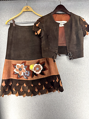 #ad Caroline Eavis Anna Crosby Brown Vintage 70s Floral Suede Leather Skirt Zip Top $1199.00