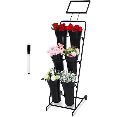 #ad Black Flower Display Stand With Sign Frame And 6 Plastic Floral Vases 59x20x16quot; $45.00