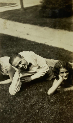 #ad Man amp; Woman Laying On Grass With Head On Hand Bamp;W Photograph 2.75 x 4.5 $9.99