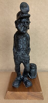 #ad Vintage COAL MINER Statue Figurine Carved or Formed Pressed Coal 8 1 2” Signed $24.99