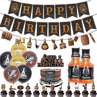 #ad Whiskey Birthday Decoration Happy Birthday Banner Cake Toppers Foil Balloons $18.99