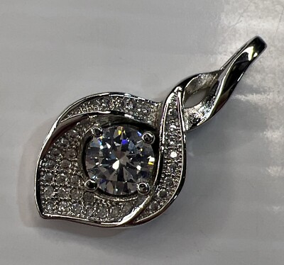 #ad 18K White Gold Retro Charm Pendant CZ Solitaire Pavé Diamond Teardrop Encrusted $649.50