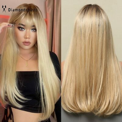 #ad Long Straight Wig Ombre Brown Blonde Golden Synthetic Wigs with Bangs for Women $17.99