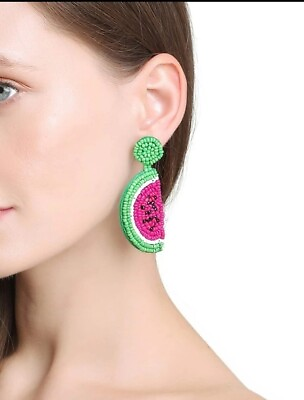 #ad Fruit Watermelon Shape Drop Earrings Bohemian Seed Bead Earrings Handmade Bead $30.00