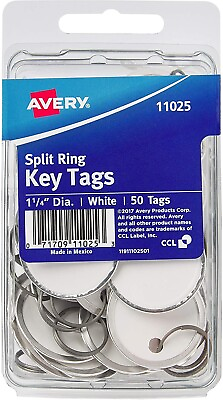 #ad AVERY Metal Rim Key Tags 1.25quot; Diameter Tag Metal Split Ring 50 Tags White $11.89