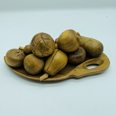 #ad Monkey Pod Bowl Wood Leaf Wooden Plattle 7quot;x14quot; Vintage Brown w 8 fruits $15.00