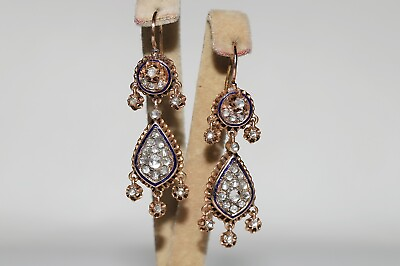 #ad Vintage Circa 1950s 9k Gold Natural Rose Cut Diamond Enamel Drop Earring $1614.05