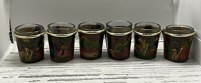 #ad Peru Set Of 6 Shot Glasses With Hand Tooled Painted Leather Sleeves Peruvian $24.98