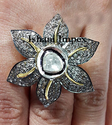 #ad Victorian Ring Natural Diamond Polki amp; Rose Cut Diamond Gold amp; Sterling Silver $188.00