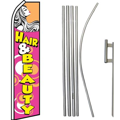 #ad Hair amp; Beauty Pink Yellow Swooper Flag amp; 16ft Flagpole Kit Ground Spike $88.88