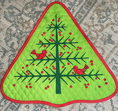 #ad 4 Lime Green Tree Shaped Quilted Placemats Set Red Cardinal Birds Swedish Style $16.50