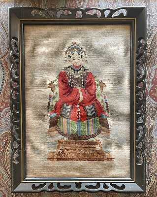 #ad Vintage Framed Needlepoint Petit Point Framed Asian Empress 19quot; x 16quot; $89.99