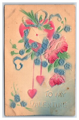 #ad To my Valentine Heart Flowers Airbrushed Embossed High Relief DB Postcard H18 $3.55