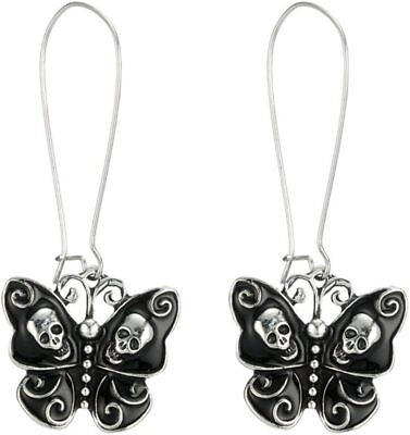 #ad Sterling Silver Plated Vintage Black Skull Heads Butterfly Charm Dangle Earrings $26.15
