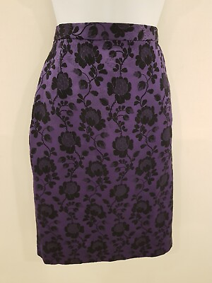 #ad Vintage Skirt Size 8 Purple Black Floral Satin Knee Length Straight Party Retro GBP 24.99