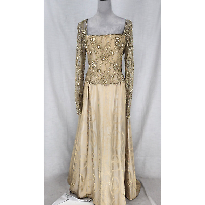 #ad Badgley Mischka Dress Gown Sz 14 Womens Gold Beige Sequins Lace Beading MOB MOG $110.48