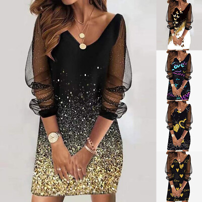 #ad #ad Plus Size Women V Neck Mesh Sleeve Mini Dress Evening Cocktail Party Shirt Dress $18.99