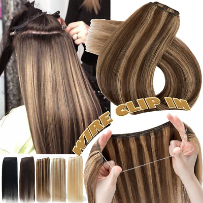 #ad 8A Wire In Hair Extensions 100% Remy Real Human Hair Weft Hidden Clip Headbands $85.69