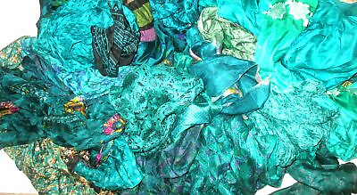 #ad BBI LOT PURE SILK Antique Vintage Sari REMNANT Fabrics 100 GRAMS Peacock Green $19.99