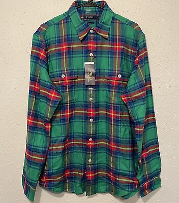 #ad Large Mens Ralph Lauren Polo Yd Twill Flannel Classic Fit Shirt GREEN RED Plaid $29.99
