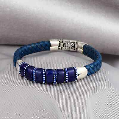 #ad Men#x27;s Silver Blue Leather Bracelet Natural Sapphire Stone Bracelet $120.00