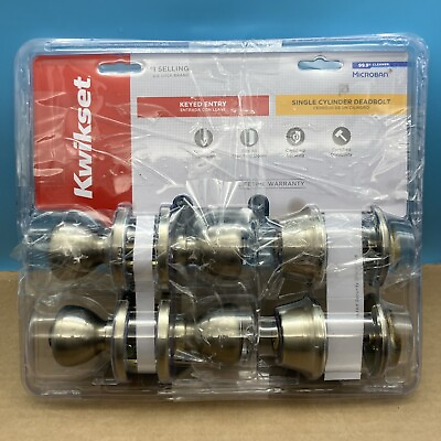 #ad Kwikset 242T 2 Entry Knobs amp; 2 Single Cylinder Deadbolts 92420 032 Antique Brass $24.99