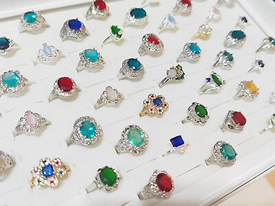 #ad Wholesale 30pcs Colorful Gemstone Alloy rings mixed Women Party Gift Jewerly $23.99