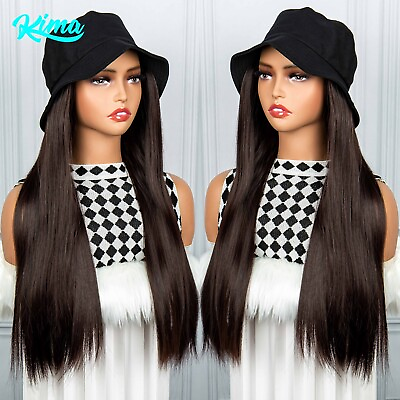 #ad 20 inches Synthetic Bucket Wig Fisherman Hat Lightweight Wig Straight Party Wig $18.73