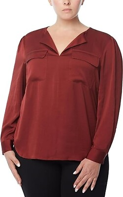 #ad Jones New York Womens Plus Size Utility Blouse V Neck Long Sleeve Brick 1X $38.00