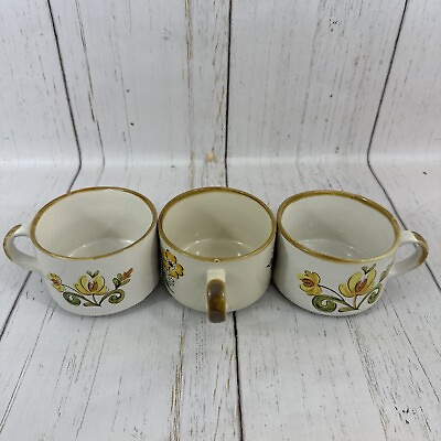 #ad Vintage Set Of 3 Large Soup Mug Bowl w Handle Floral Pottery Stoneware 60s 70s $19.99